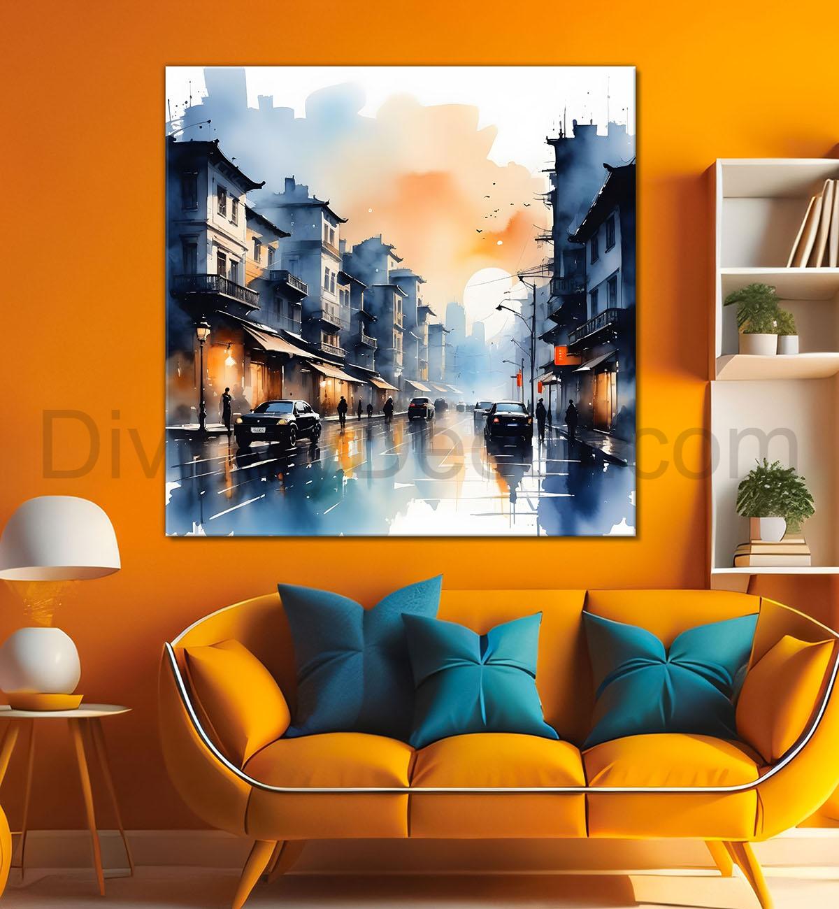 City with cars and people painting Canvas Painting 24X24- Nature Art -S-47
