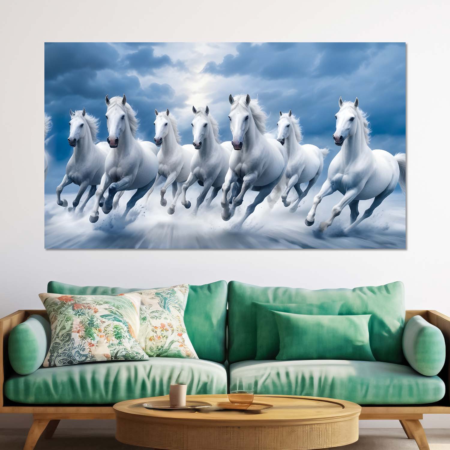 White running horses in cloudy and sky blue textured background art Canvas Painting - Design - Horse-47