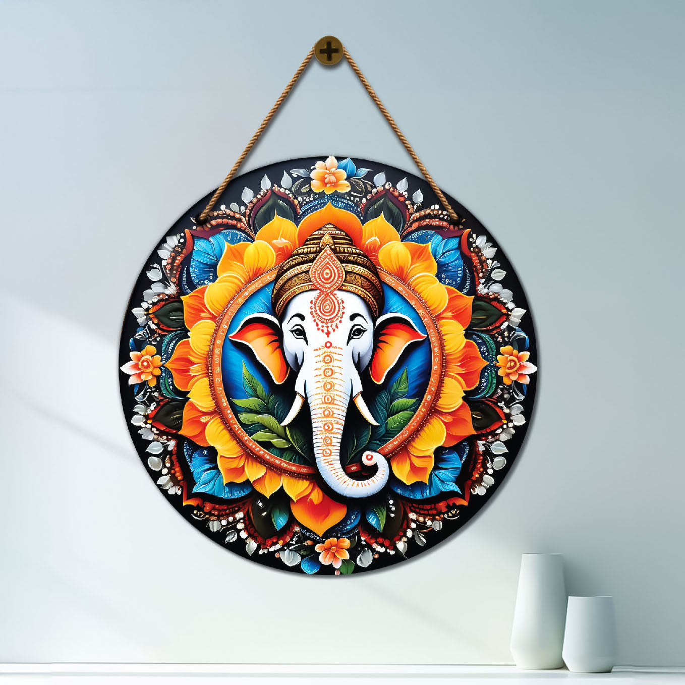 Ganesh Ji in orange and floral mandala Round Wooden Wall Hanging for wall Décor - Design - 47