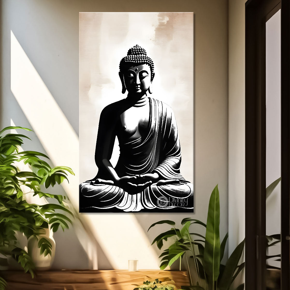Grey buddha  in light background textured painting - Buddha-V-47
