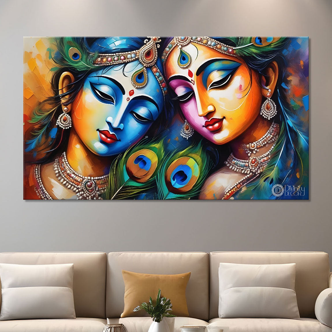 Radha and Krishna face in colors with peacock feathers textured painting Canvas Painting - Design - Krishna-48