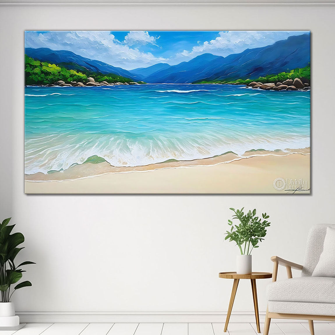 Beach and sea with mountains in textured natural art Canvas Painting - Nature Art -48
