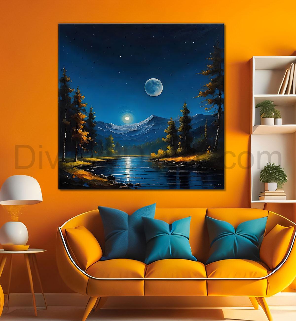 Mountains with tree river and moon painting Canvas Painting 24X24- Nature Art -S-48
