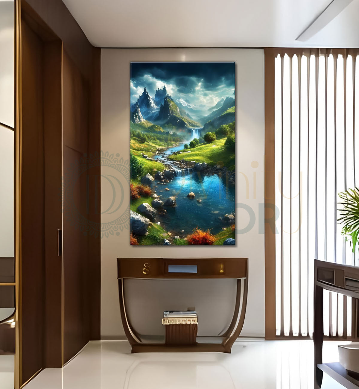 Mountians with greenery and lake with flowers texttured painting Canvas Painting - Nature Art -V-48
