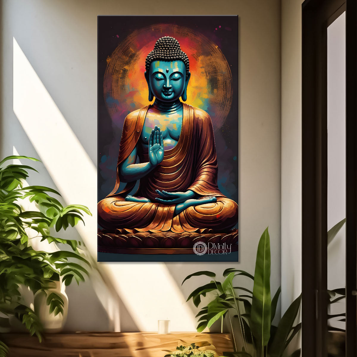 Blue buddha with colourful background textured painting - Buddha-V-48