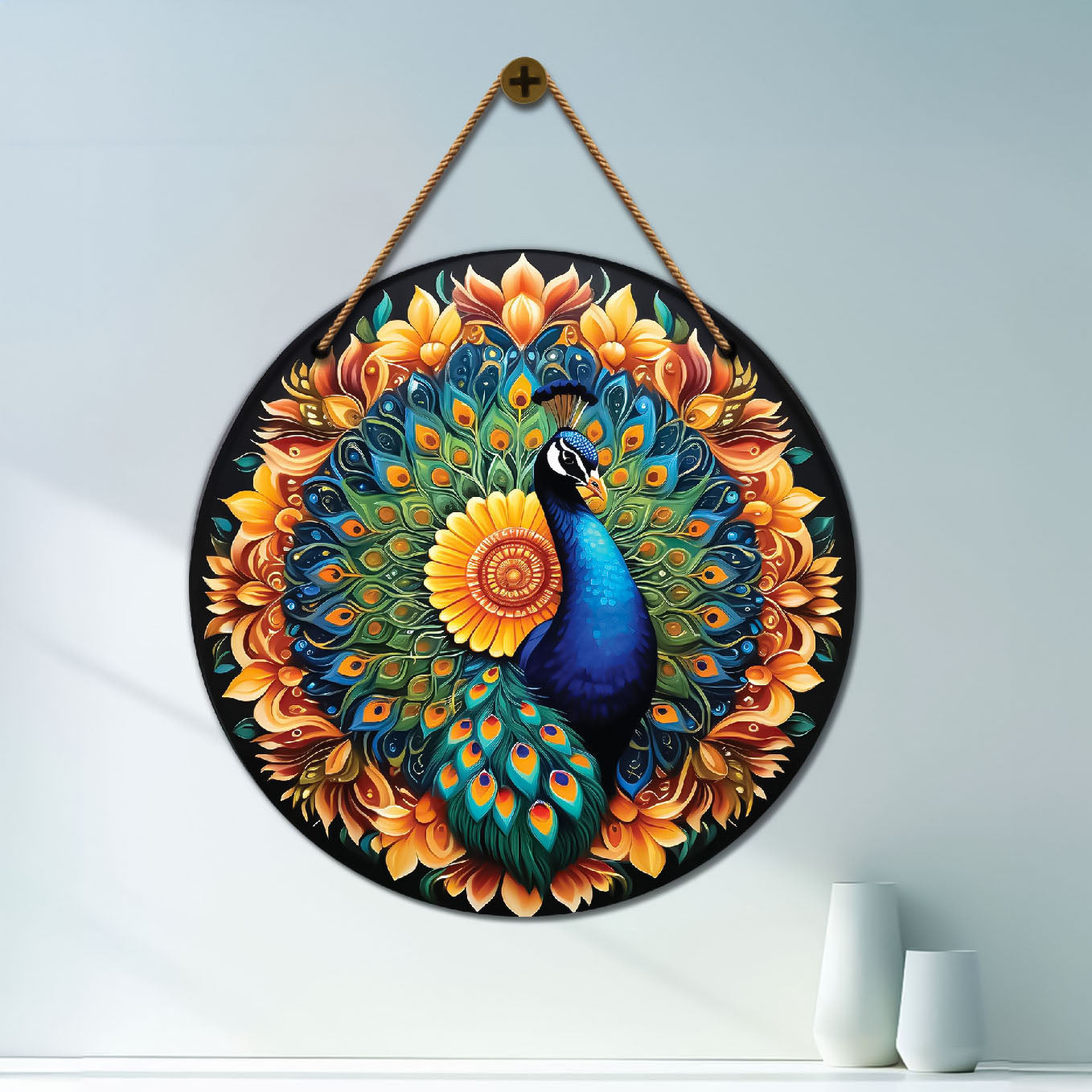 Peacock in orange and floral mandala Round Wooden Wall Hanging for wall Décor - Design - 48