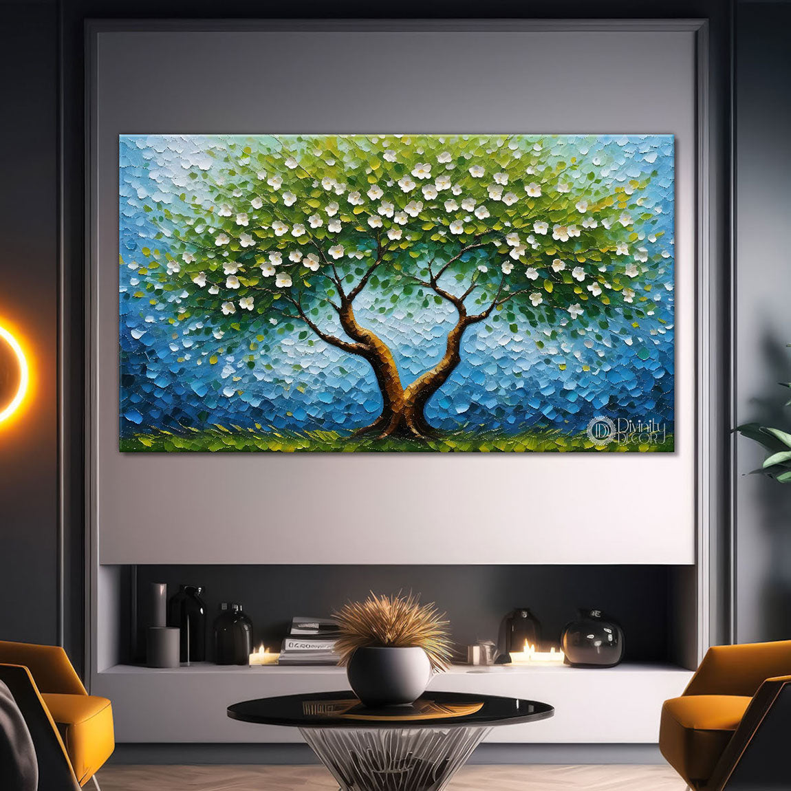 White flower tree in textured background oil painting Canvas Painting - Design - Tree-48