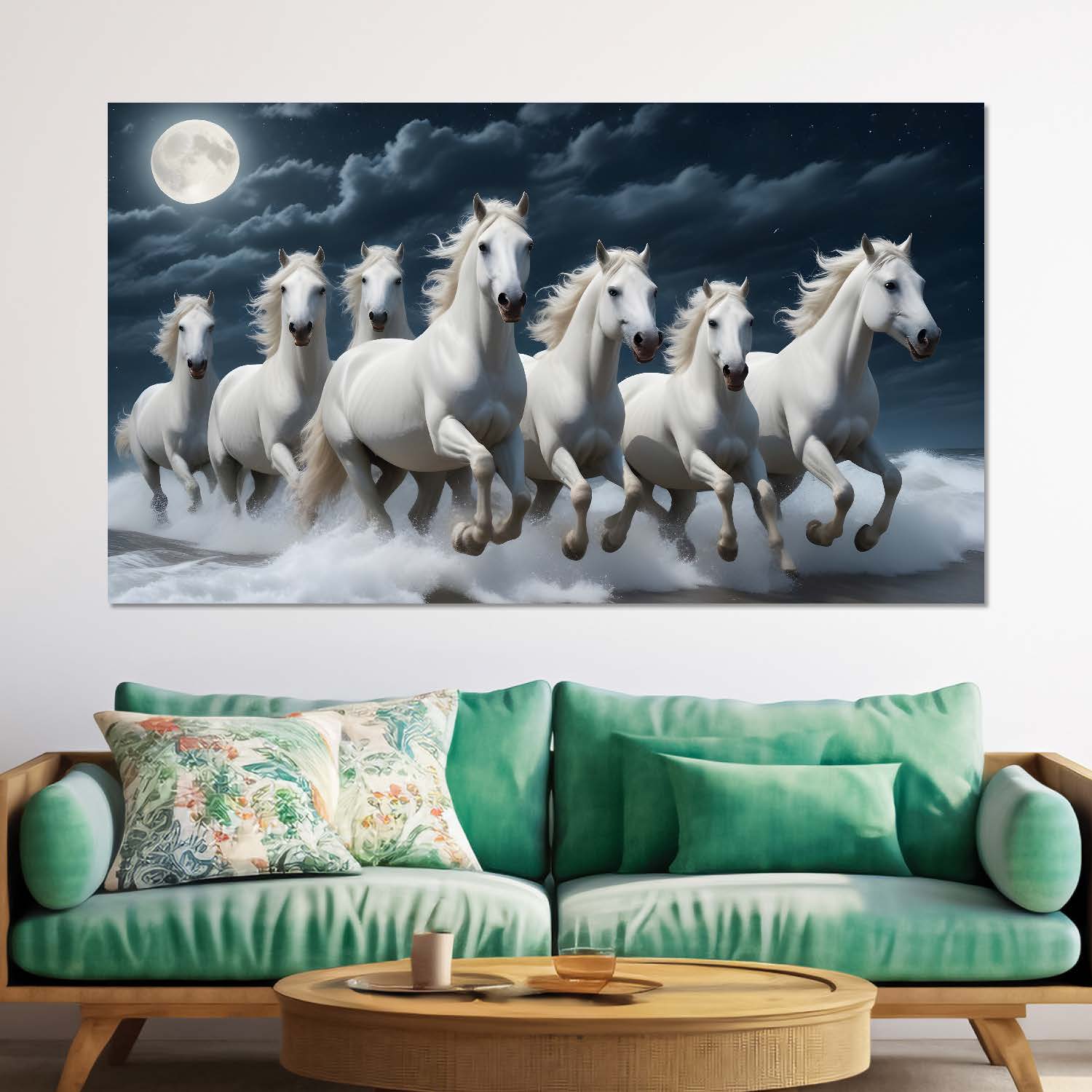 White running horses with moon and cloudy in dark textured background art Canvas Painting - Design - Horse-48