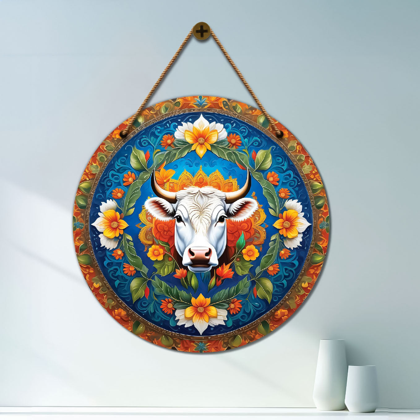 Cow in blue and orange mandala Round Wooden Wall Hanging for wall Décor - Design - 49