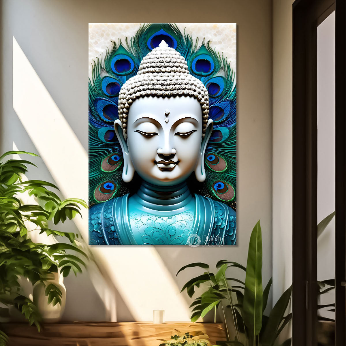 White buddha face with peacock feathers background textured painting - Buddha-V-49