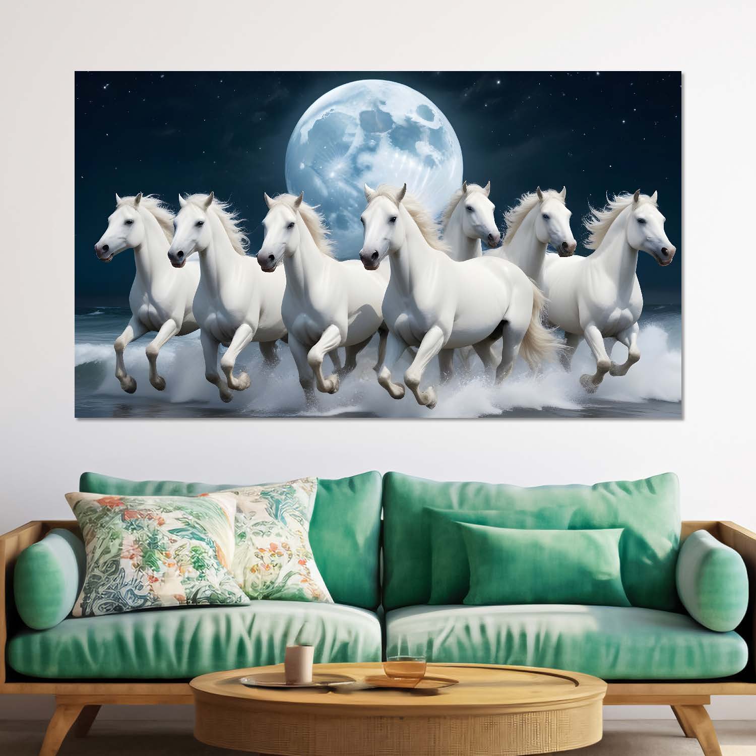 White running horses with moon in dark textured background art Canvas Painting - Design - Horse-49