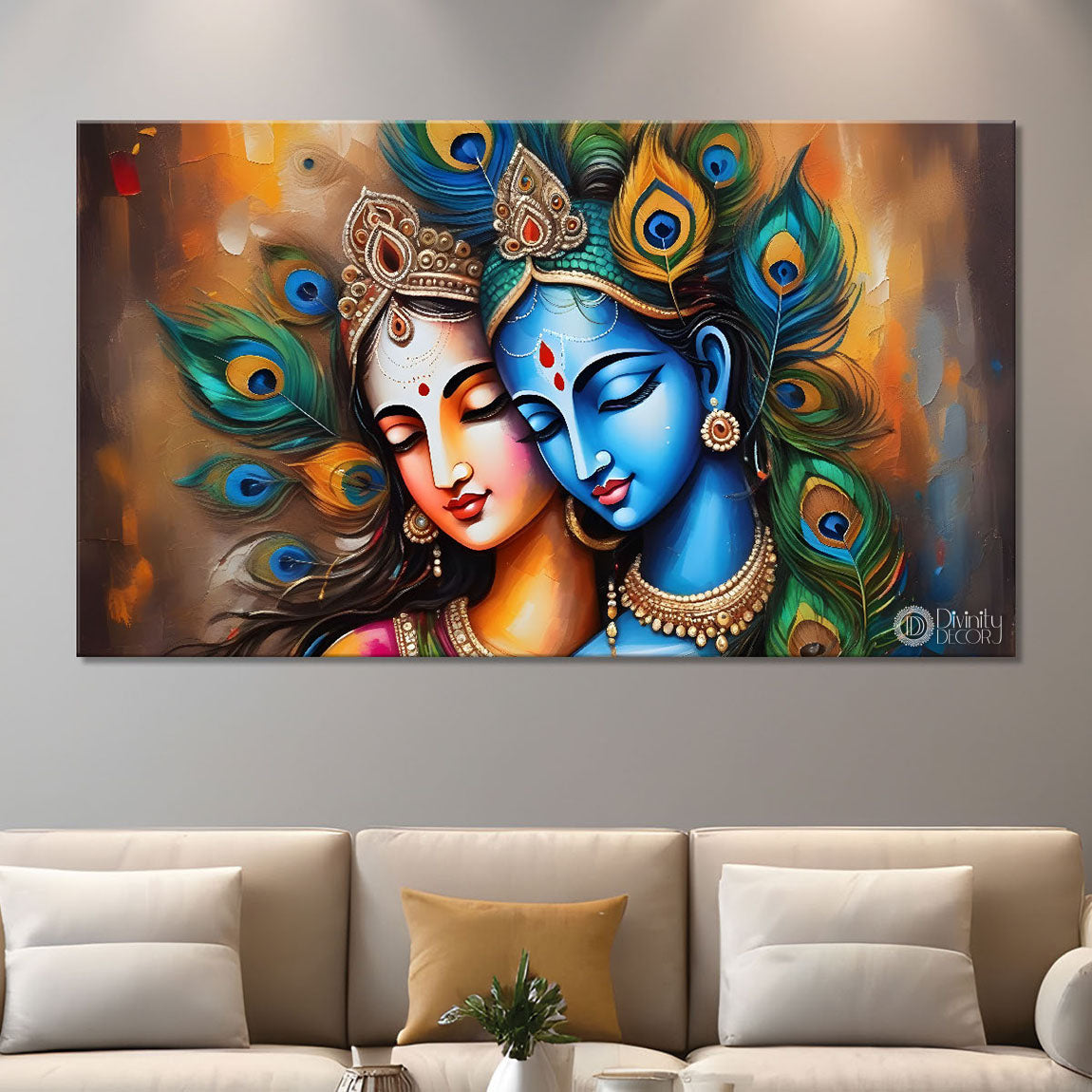 Radha and Krishna face in colors with peacock feathers textured painting Canvas Painting - Design - Krishna-49