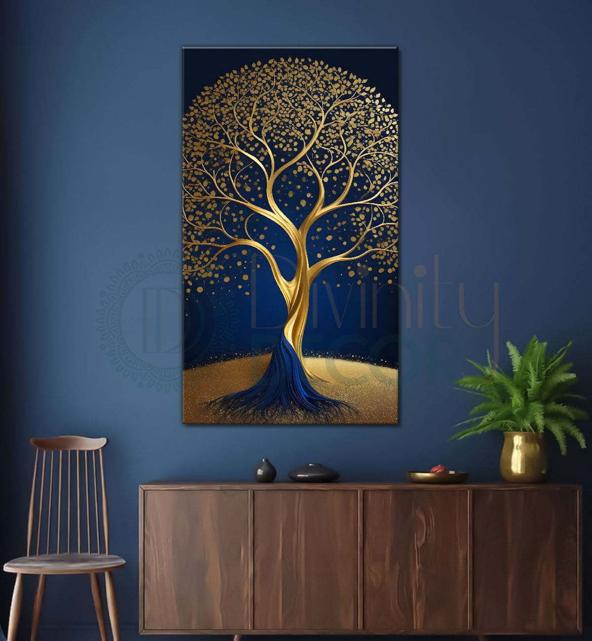 Golden tree in dark blue texutred background modern art Canvas painting - Tree-V-4