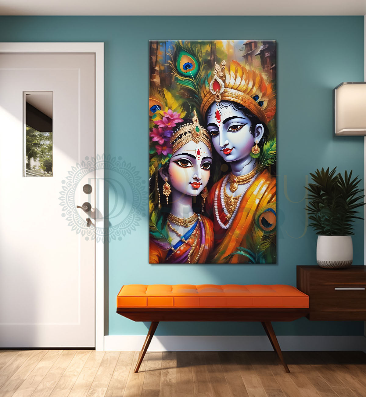 Blue face of krishna with radha in colourful background textured art Canvas Painting - Design - Krishna-V-4