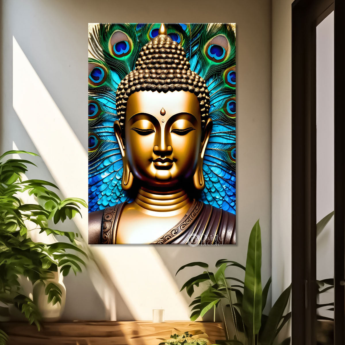 Golden buddha face with peacock feathers background textured painting - Buddha-V-50