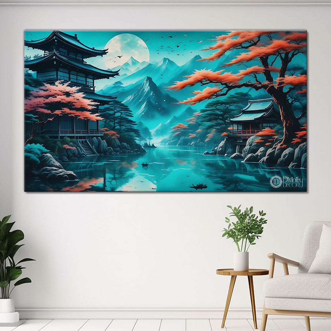 Orange trees with lake in aqua green textured painting Canvas Painting - Nature Art -50