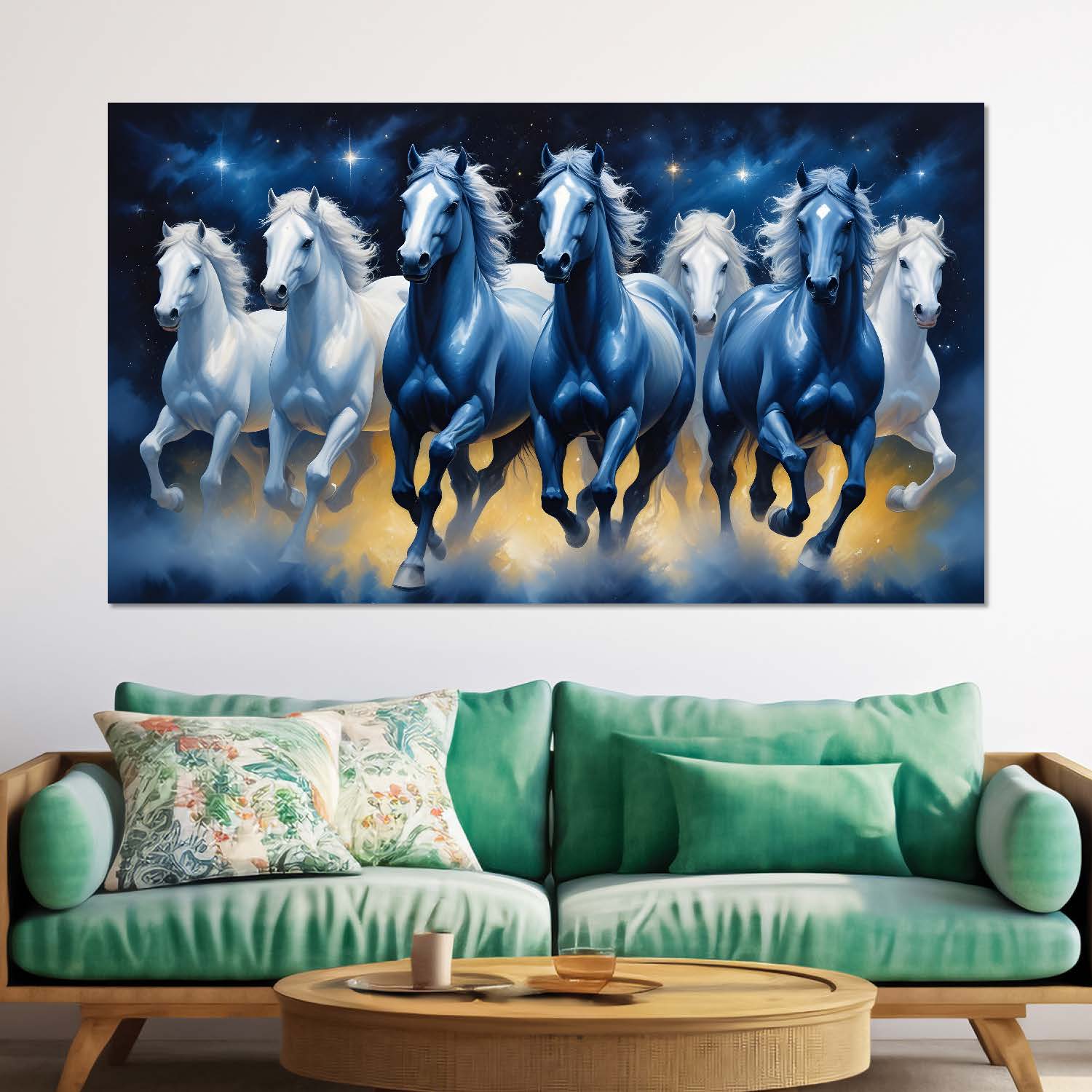 White and blue running horses in stars and blue textured background art Canvas Painting - Design - Horse-50