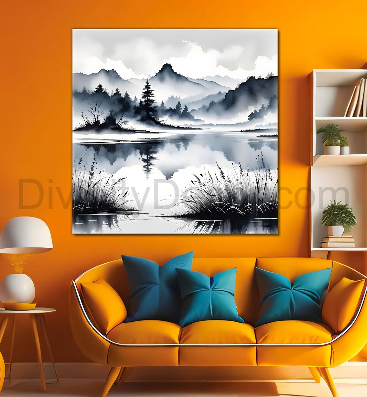 Mountains with trees and river with clouds water colour painting Canvas Painting 24X24- Nature Art -S-50