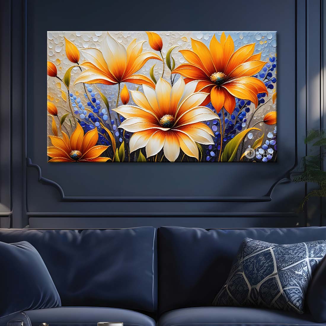 White and orange flowers with bight textured painting- Design - Flower-50