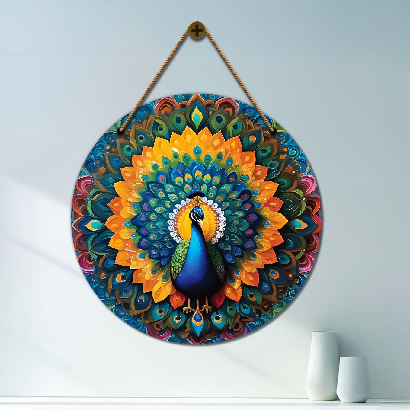 Peacock in orange and green mandala Round Wooden Wall Hanging for wall Décor - Design - 50
