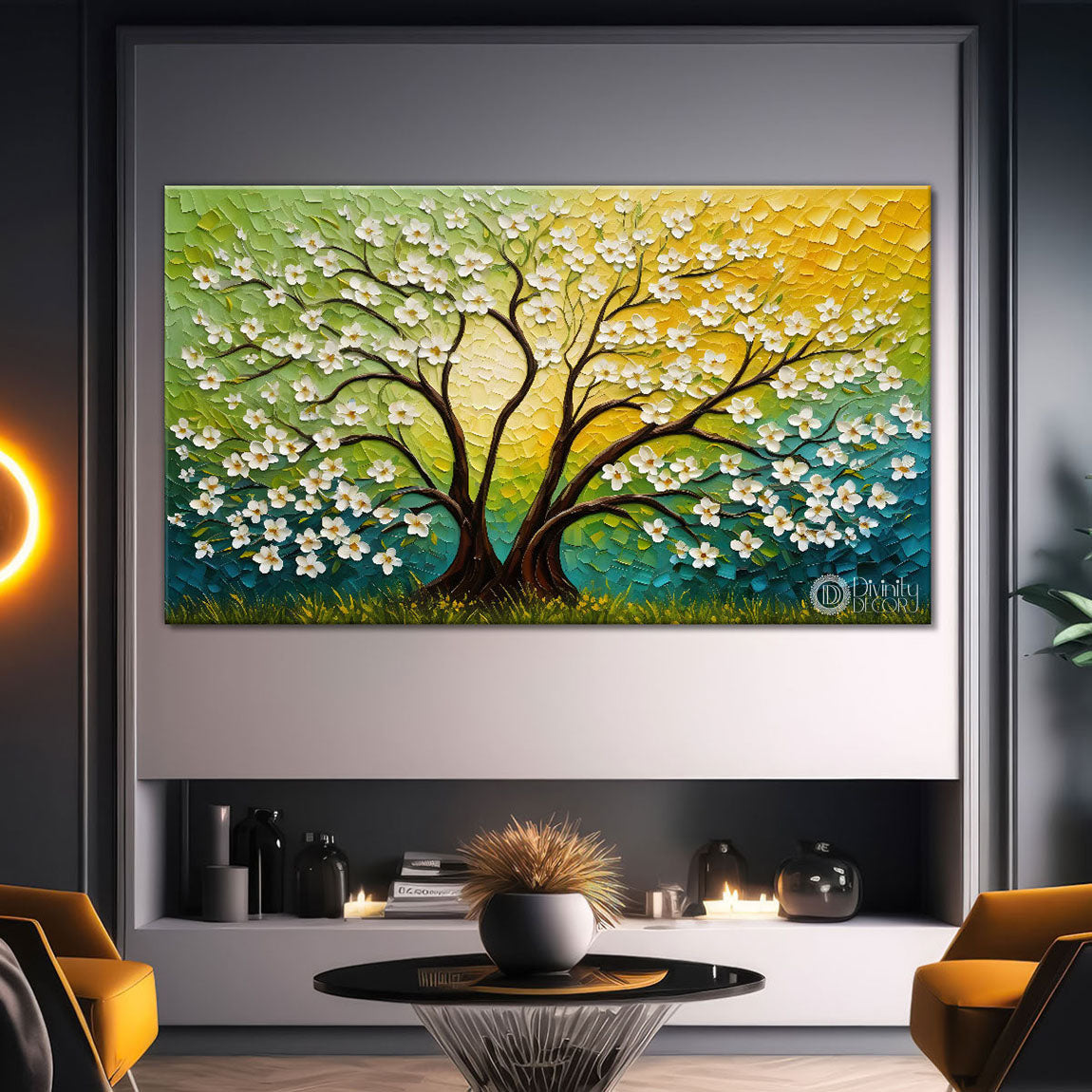 White flower tree in textured background oil painting Canvas Painting - Design - Tree-51