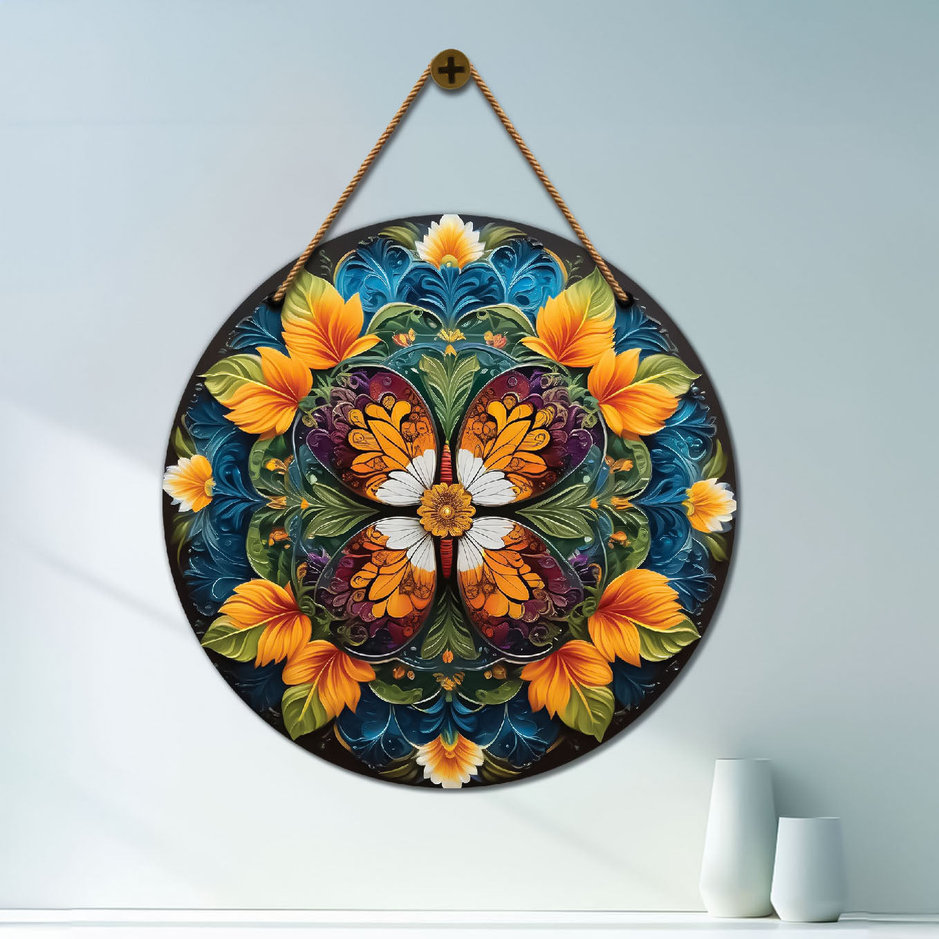 Colourful Butterfly in floral and blue mandala Round Wooden Wall Hanging for wall Décor - Design - 51