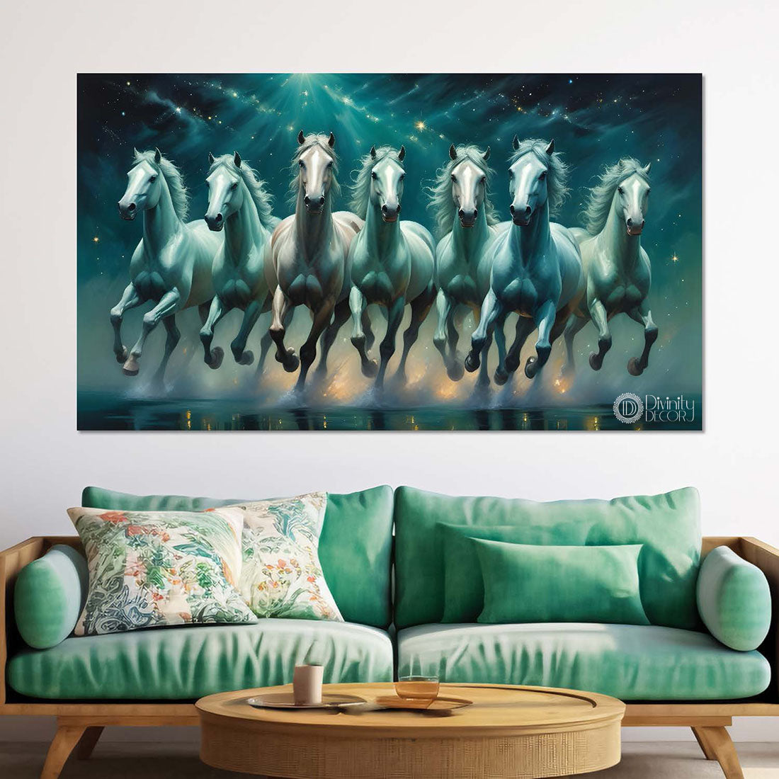 White and blue running horses in galaxy and green textured background art Canvas Painting - Design - Horse-51