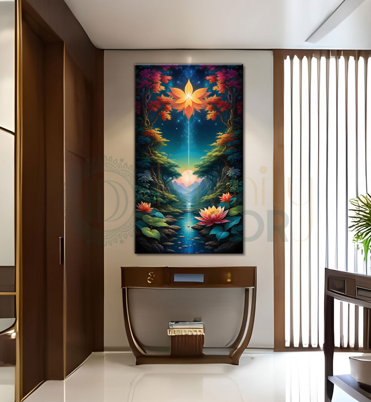 Trees with colourful flowers and lake in night background textured painting Canvas Painting - Nature Art -V-51