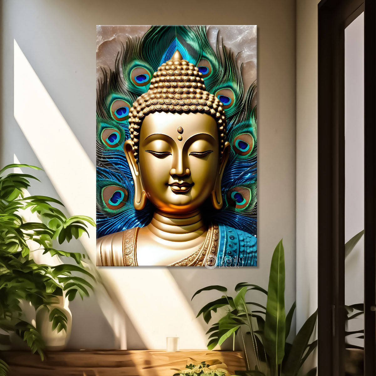 Golden buddha face with peacock feathers background textured painting - Buddha-V-51