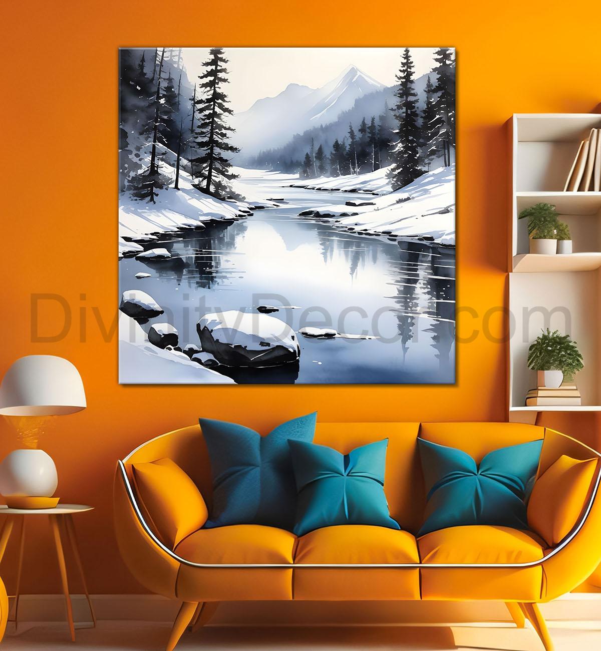 Mountains with trees and river with clouds water colour painting Canvas Painting 24X24 - Nature Art -S-51