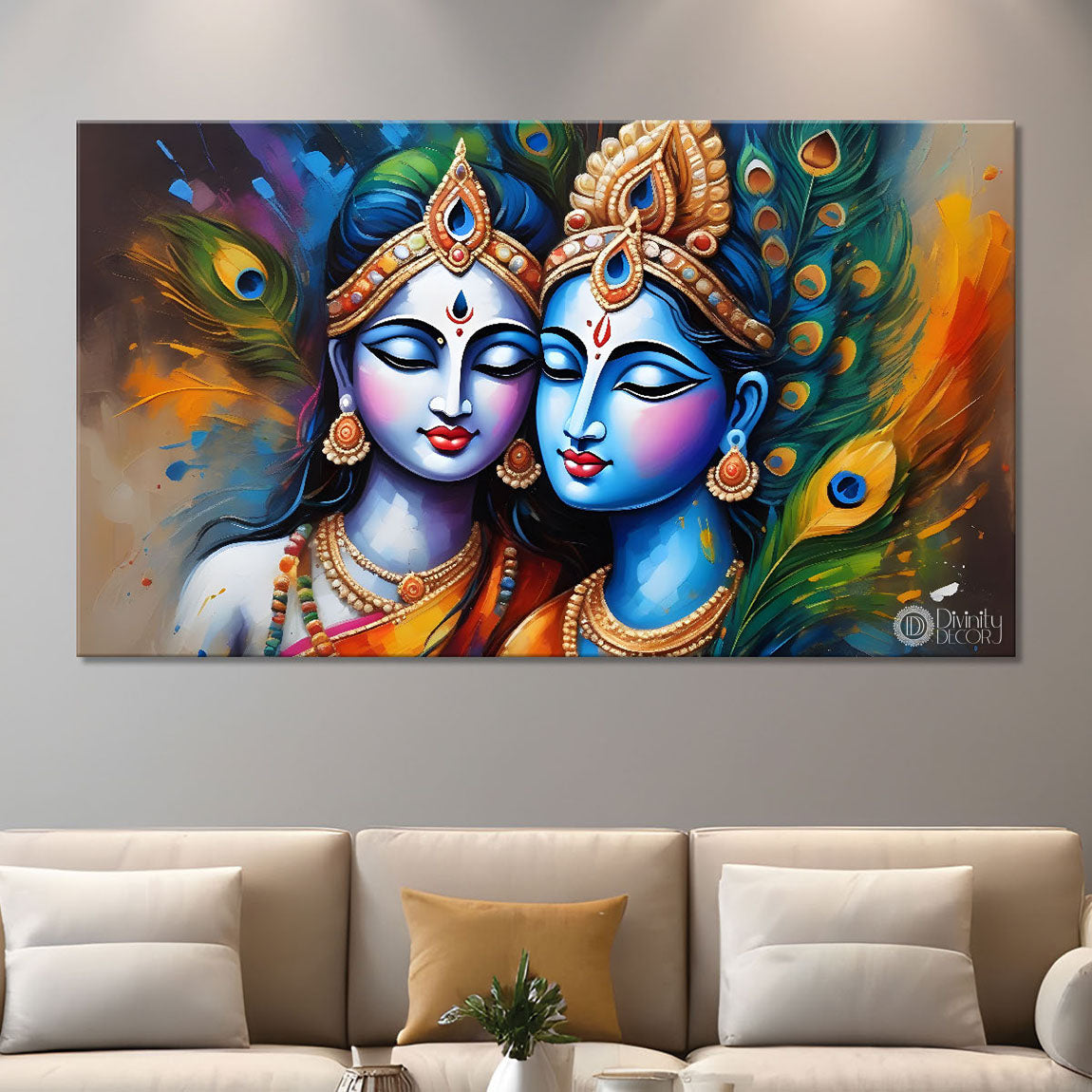 Blue face Krishna and Radha with peacock feathers painting Canvas Painting - Design - Krishna-51