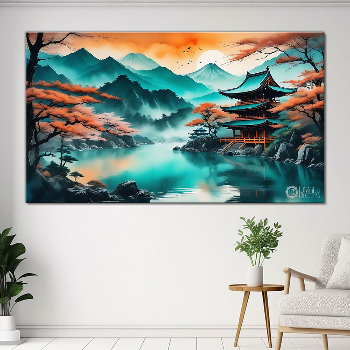 Mountains with Japanese house and lake in aqua textured painting Canvas Painting - Nature Art -51