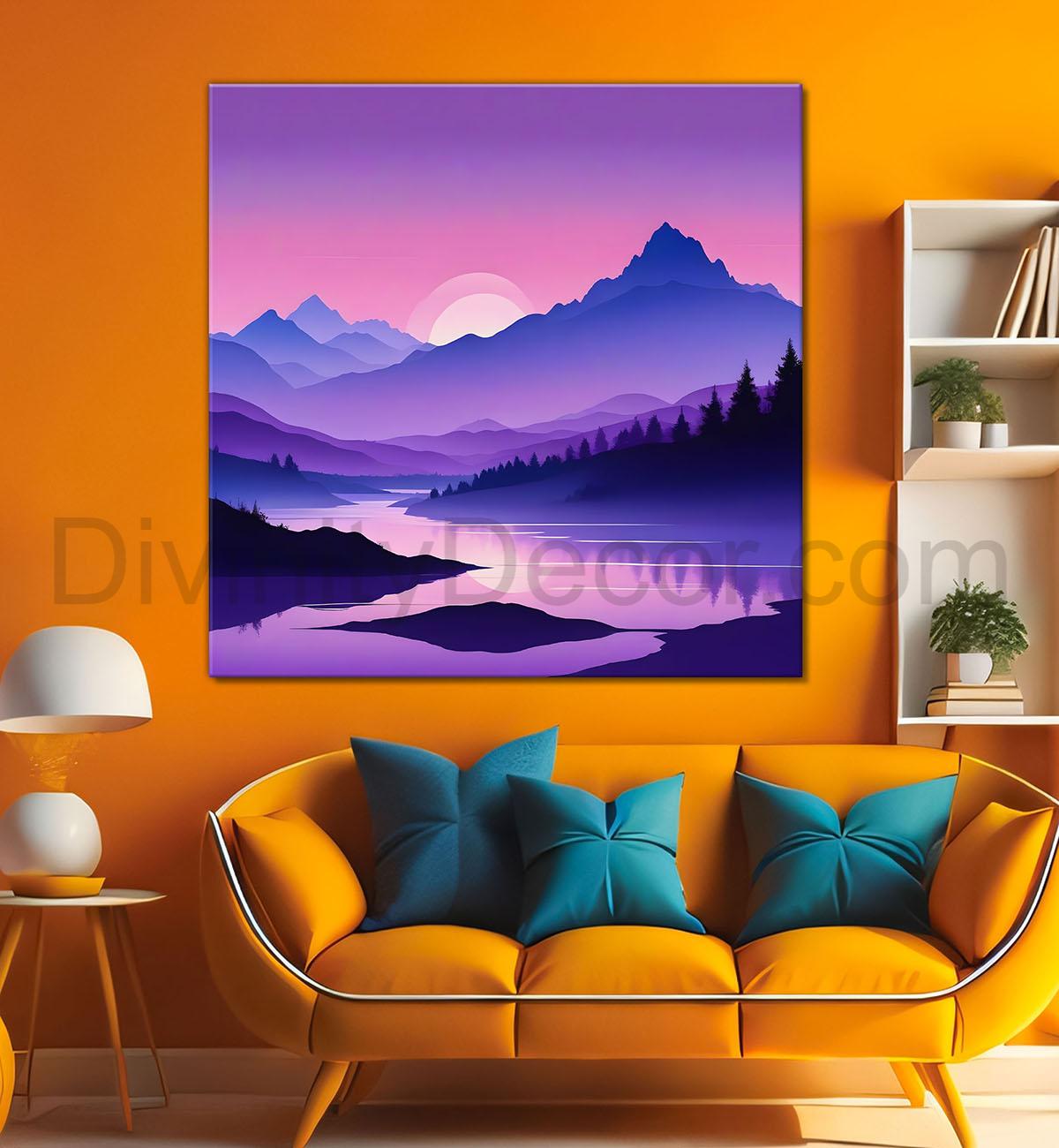 Mountains with sunset in purple textured painting Canvas Painting 24X24- Nature Art -S-52