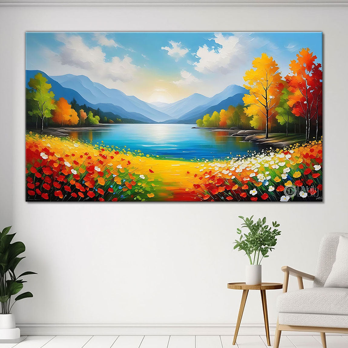 Mountains with colorful trees, flowers and lake in textured natural scenery art Canvas Painting - Nature Art -52