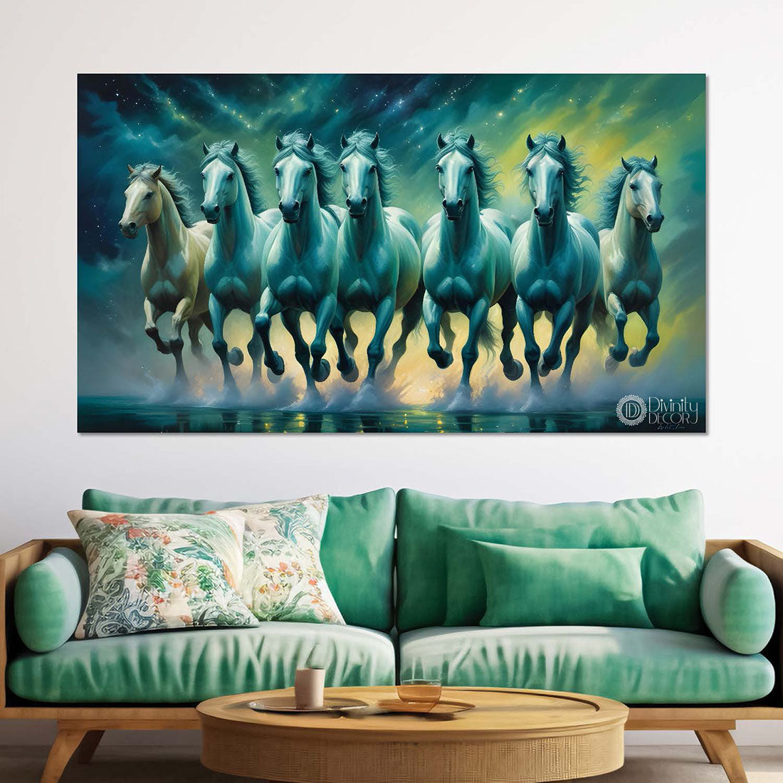 White and blue running horses in green textured background art Canvas Painting - Design - Horse-52