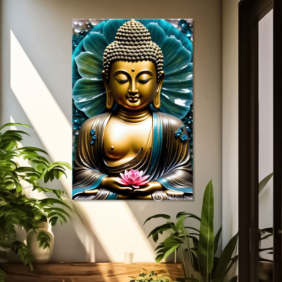 Golden buddha face with blue flowers background textured painting - Buddha-V-52