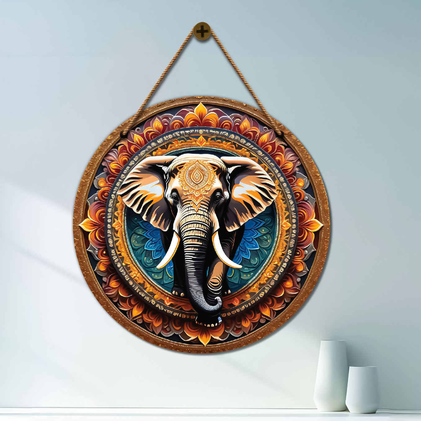 Elephant in blue and brown mandala Round Wooden Wall Hanging for wall Décor - Design - 52