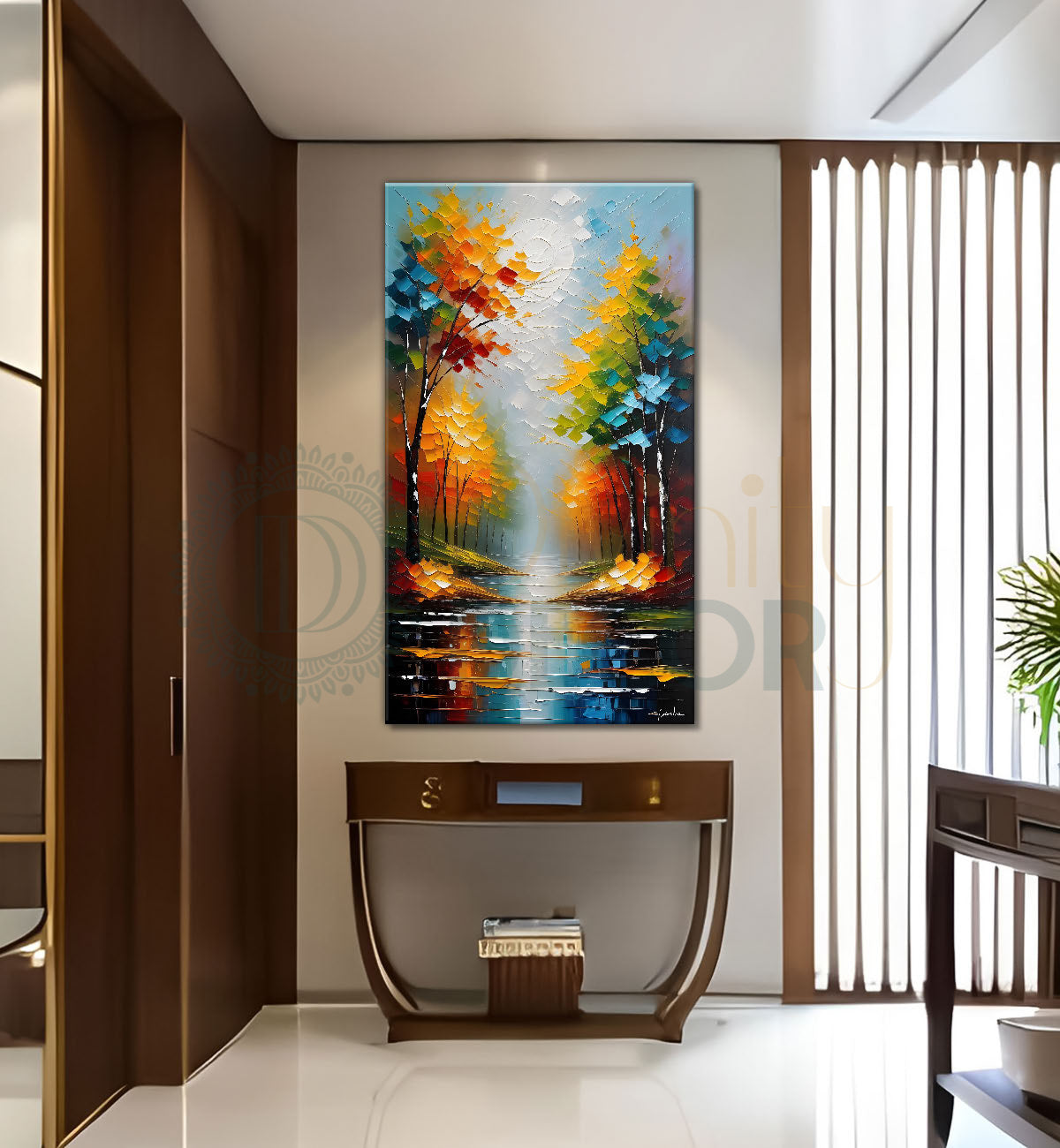 Colourful trees with lake in textured painting Canvas Painting - Nature Art -V-52