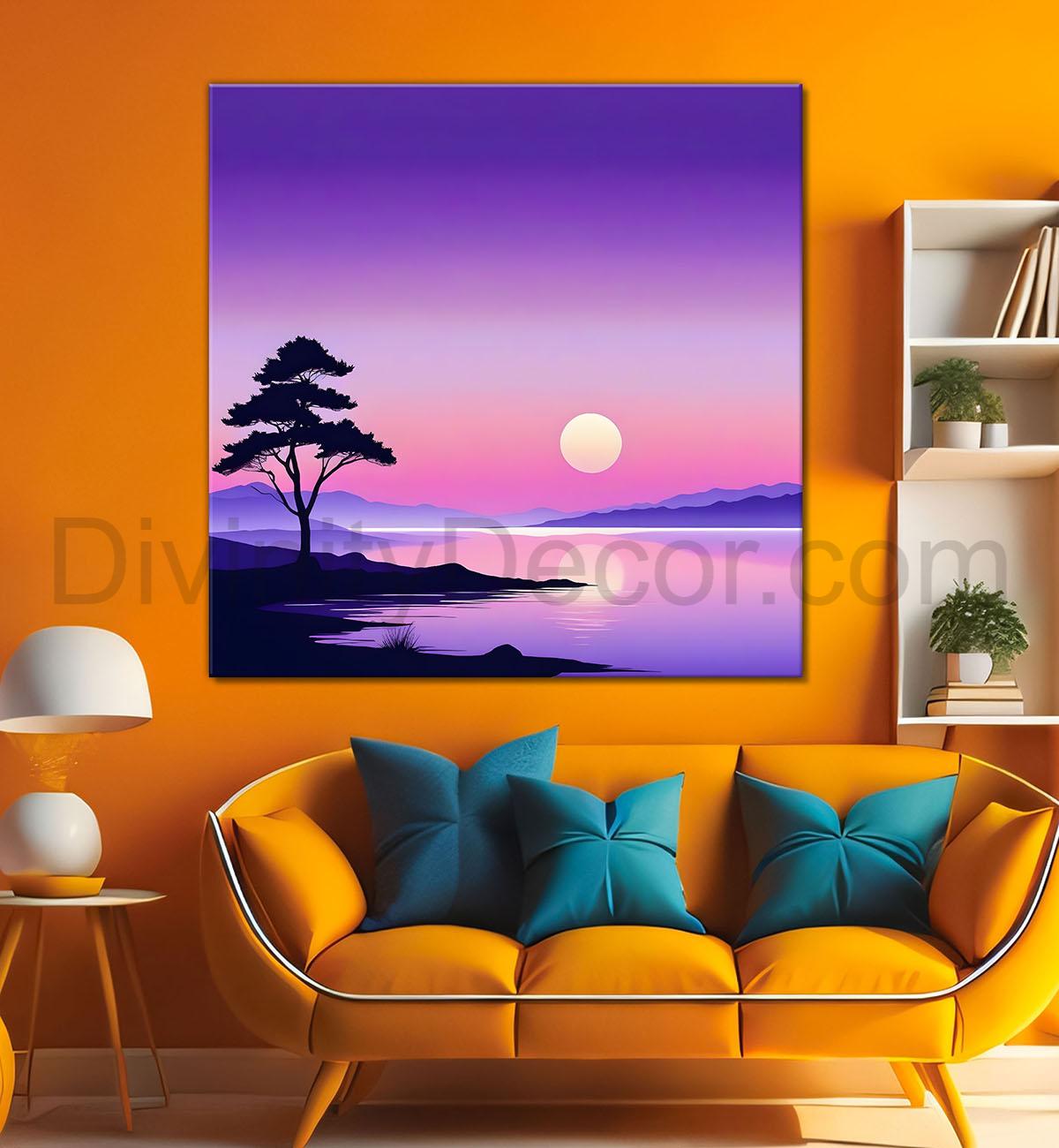 Mountains with sunset in purple textured painting Canvas Painting 24X24- Nature Art -S-53