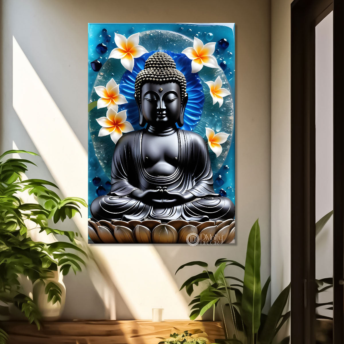 Grey buddha  in white flowers background textured painting - Buddha-V-53