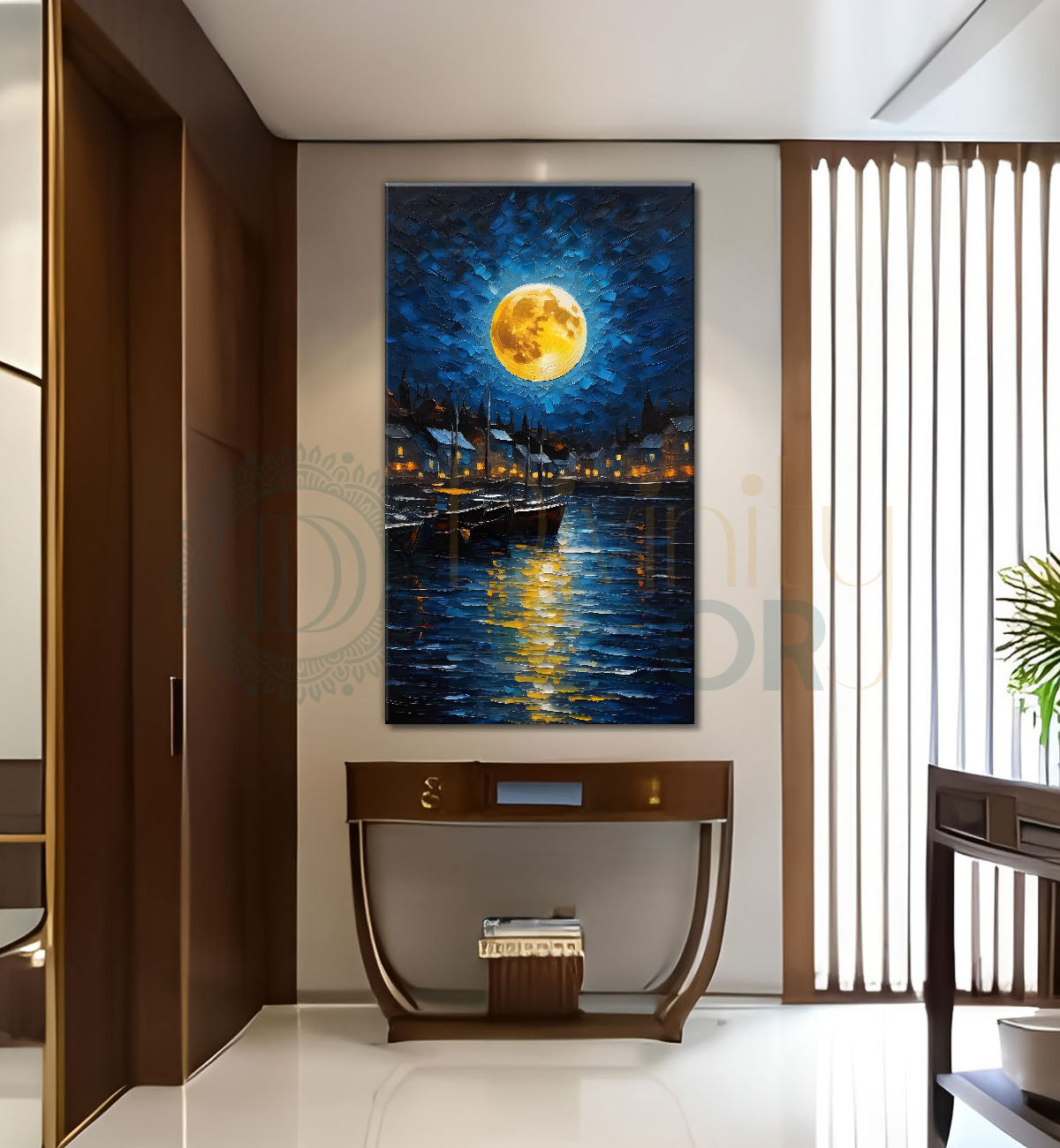 Boats on river with  houses and night background with moon textured painting Canvas Painting - Nature Art -V-53