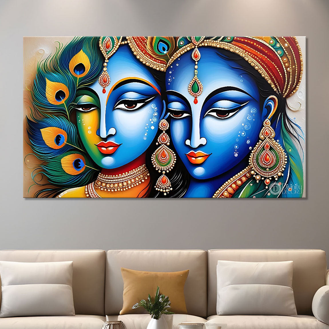 Blue face Krishna and Radha with peacock feathers painting Canvas Painting - Design - Krishna-53