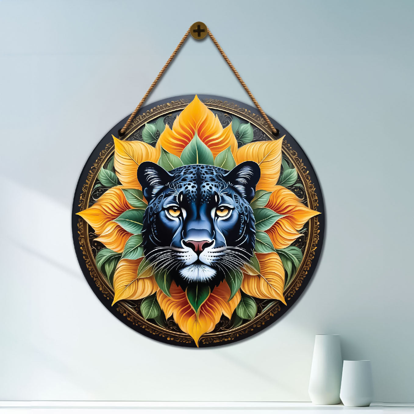 Panther in yellow and black mandala Round Wooden Wall Hanging for wall Décor - Design - 53