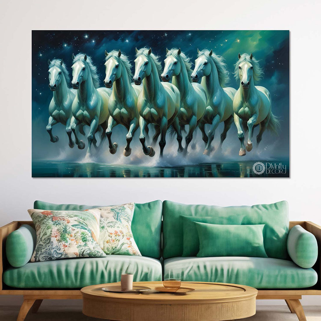 White and running horses in stars and green textured background art Canvas Painting - Design - Horse-53