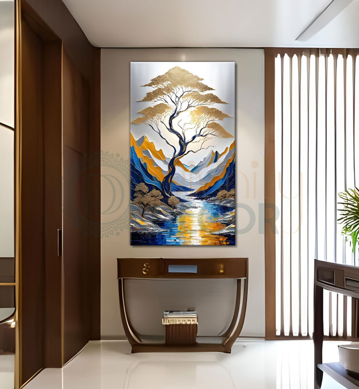 Blue mountains with golden trees textured natural art Canvas Painting - Nature Art -V-54