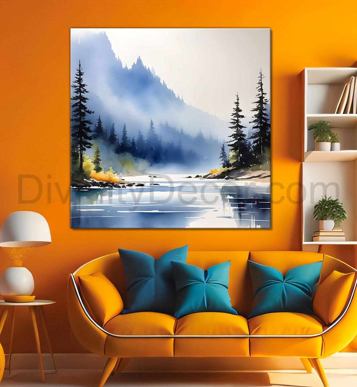 Mountains with trees and river with clouds water colour painting Canvas Painting 24X24- Nature Art -S-54