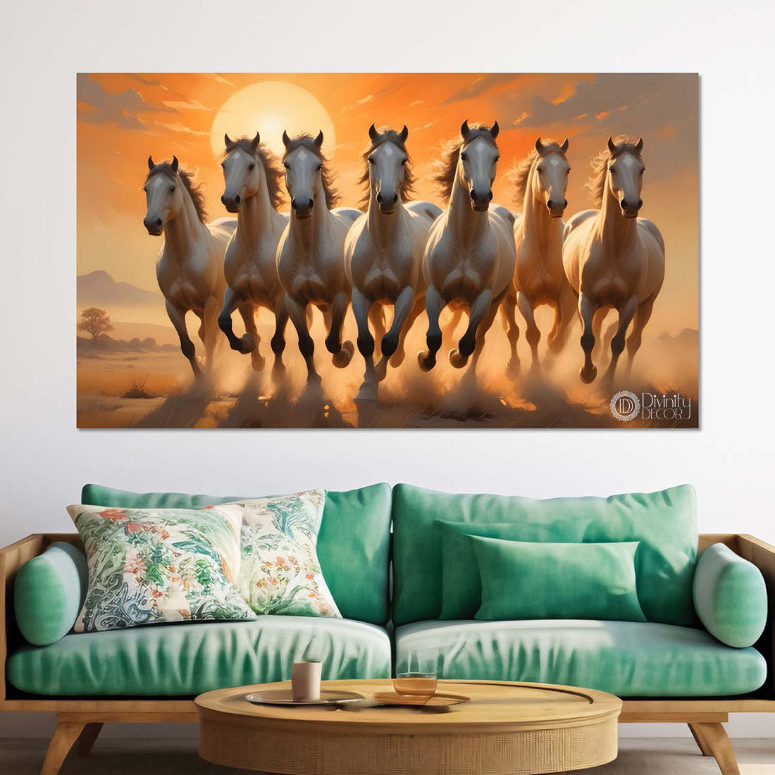 White running horses in sunset textured background art Canvas Painting - Design - Horse-54