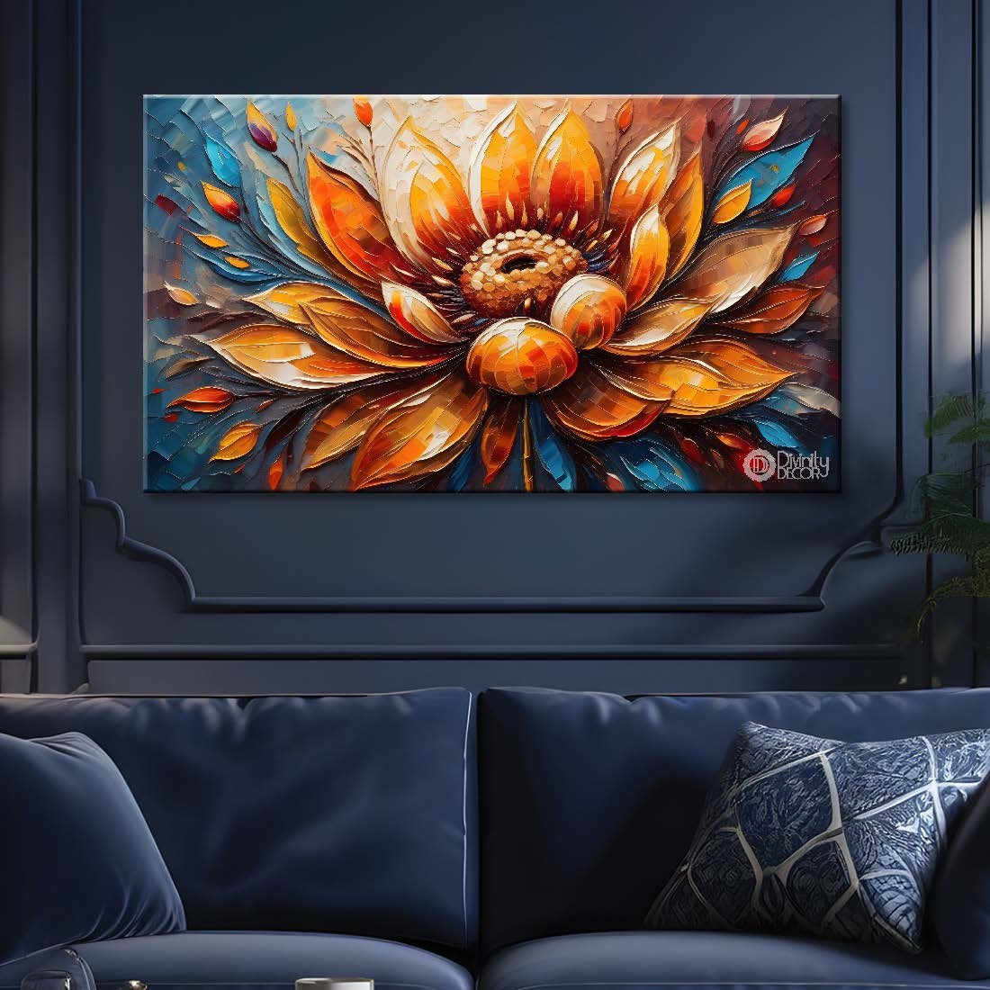 Brown flower with blue textured painting- Design - Flower-54