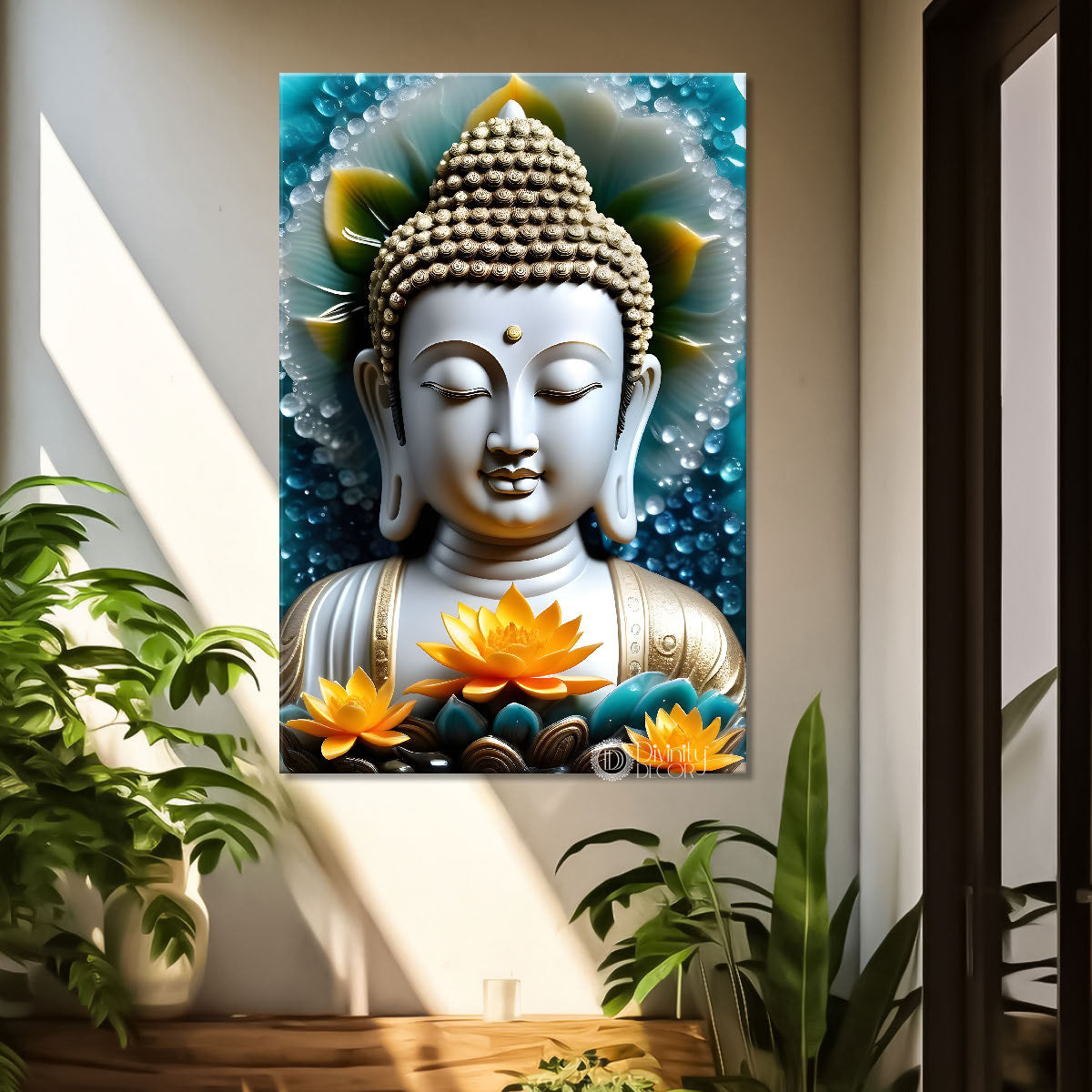 White buddha face with blue and orange flowers background textured painting - Buddha-V-54