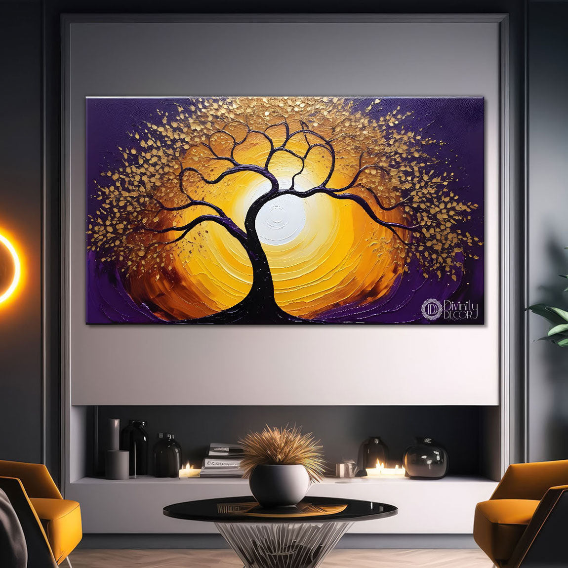 Golden tree in purple textured modern art Canvas Painting - Design - Tree-54